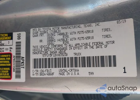 2019 Toyota Tundra Sr5 5.7L V8 z USA, uszkodzony, nr VIN 5TFUY5F12KX835230